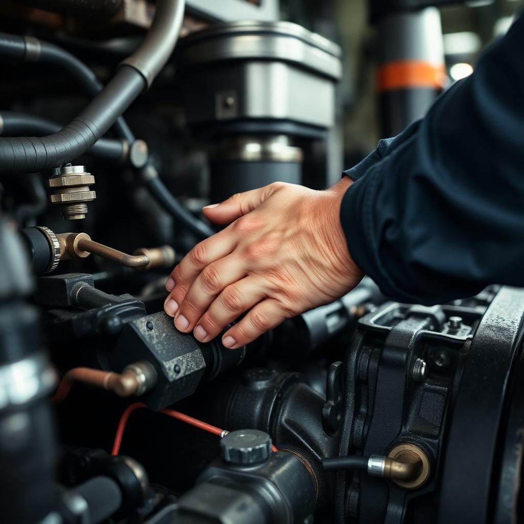 Diesel mechanic working on commercial truck engine
