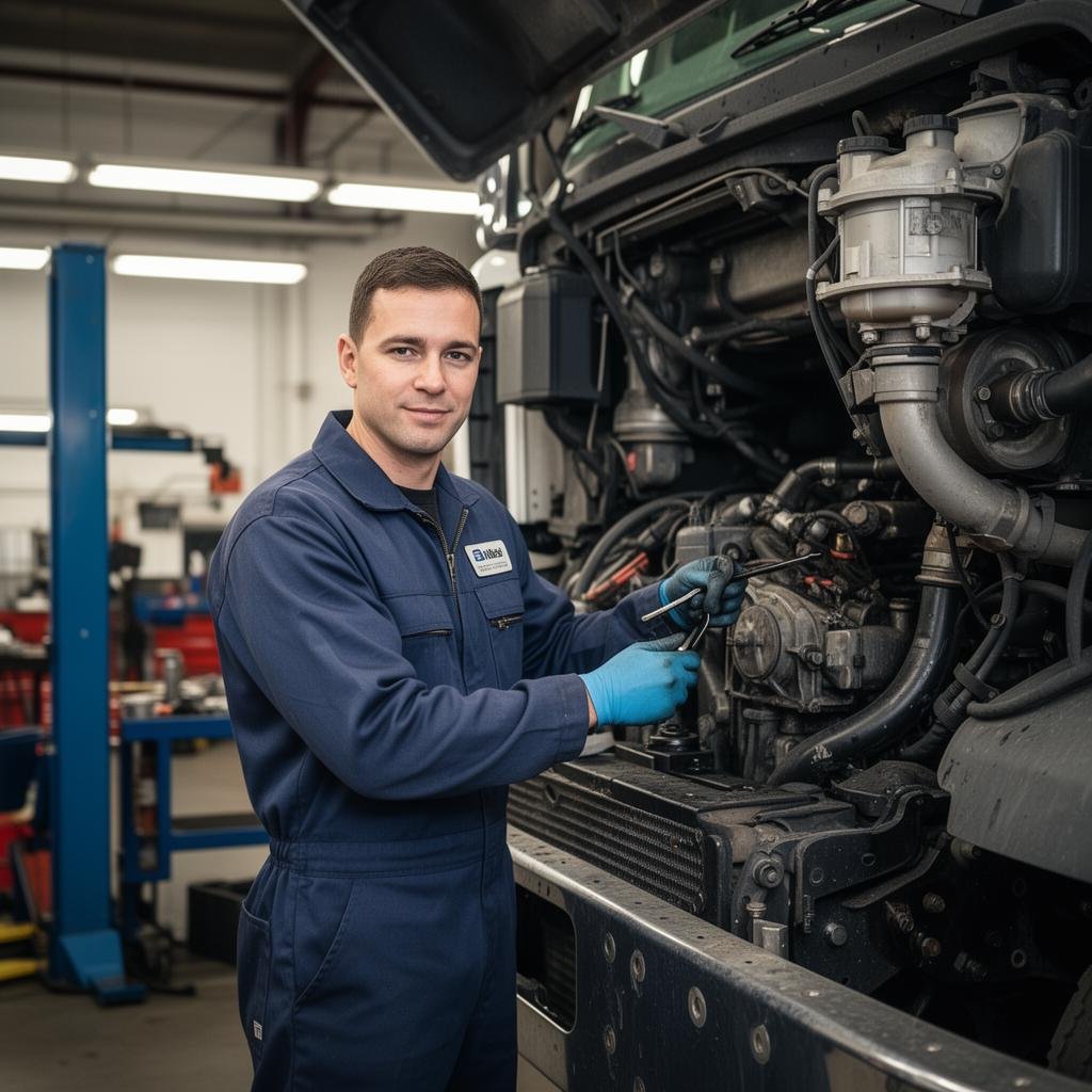 ASE-Certified Diesel Technician performing truck repair